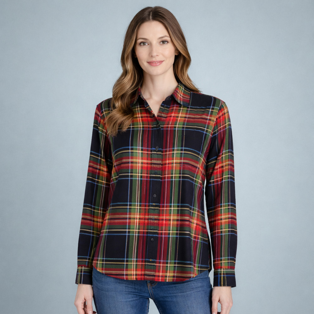 Foxcroft Size 18 Plaid Print Button Front Down Long Sleeve Cotton Top Blouse Shi